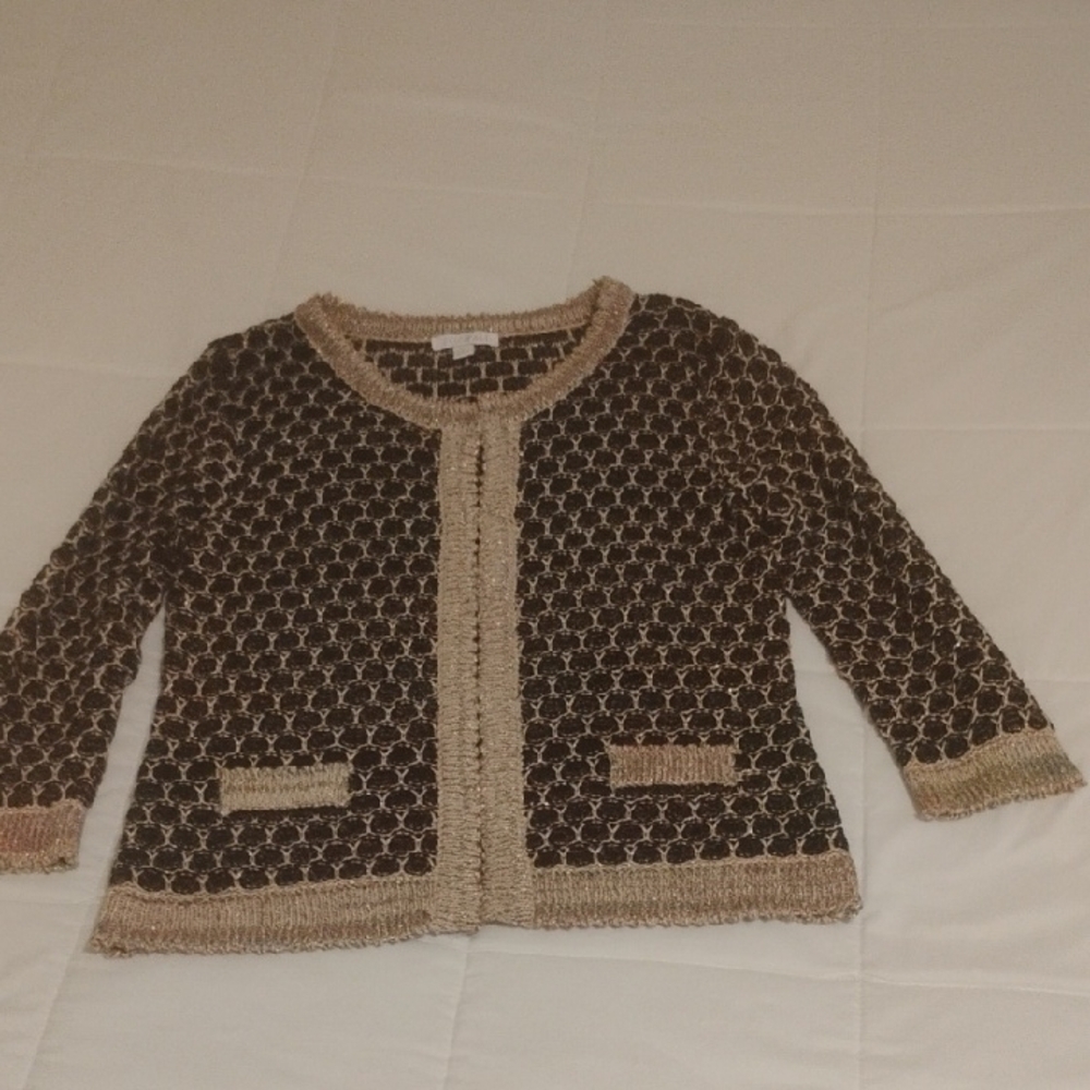 Roz & Ali Brown and Cream Textured Open-Front Cardigan